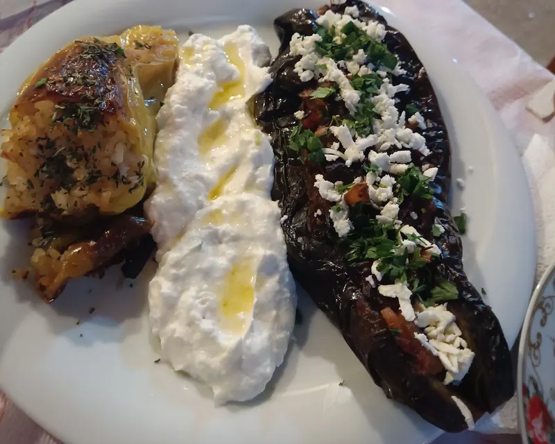 Stuffed eggplant with yoghurt and a stuffed pepper