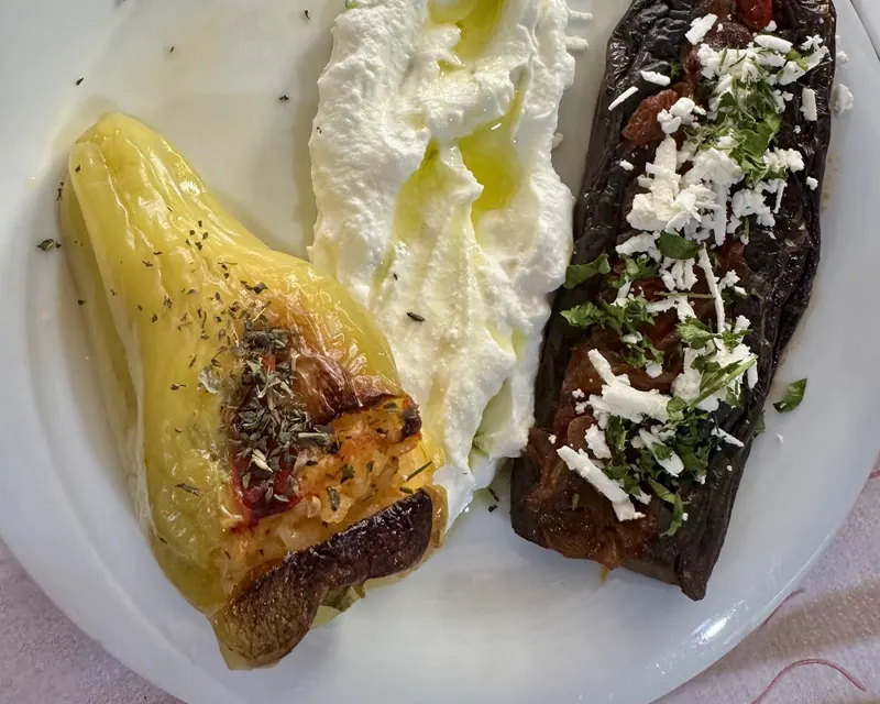 A stuffed pepper and stuffed eggplant with yoghurt